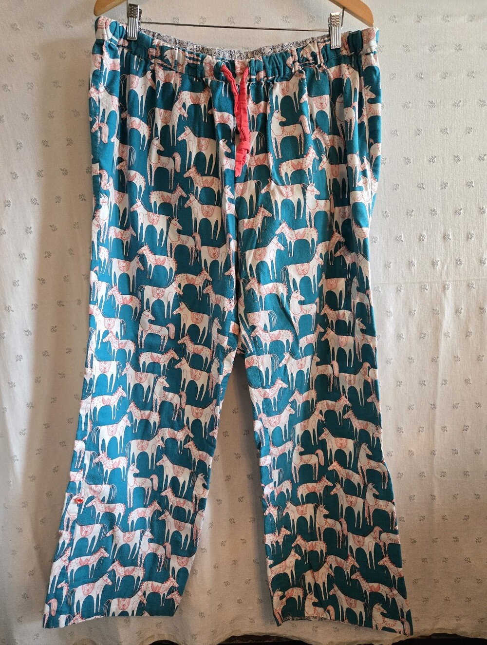 Anthropologie Lilka Teal and White Horse-Print Pajama Pants 100% Cotton Size L